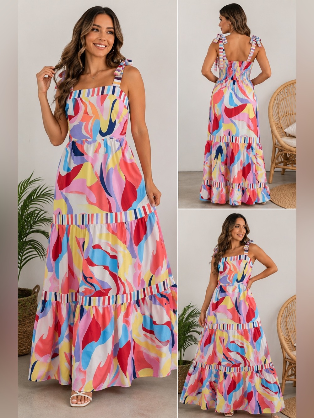 Unbranded Multicolor Abstract Print Tiered Maxi Dress Size‎ Medium